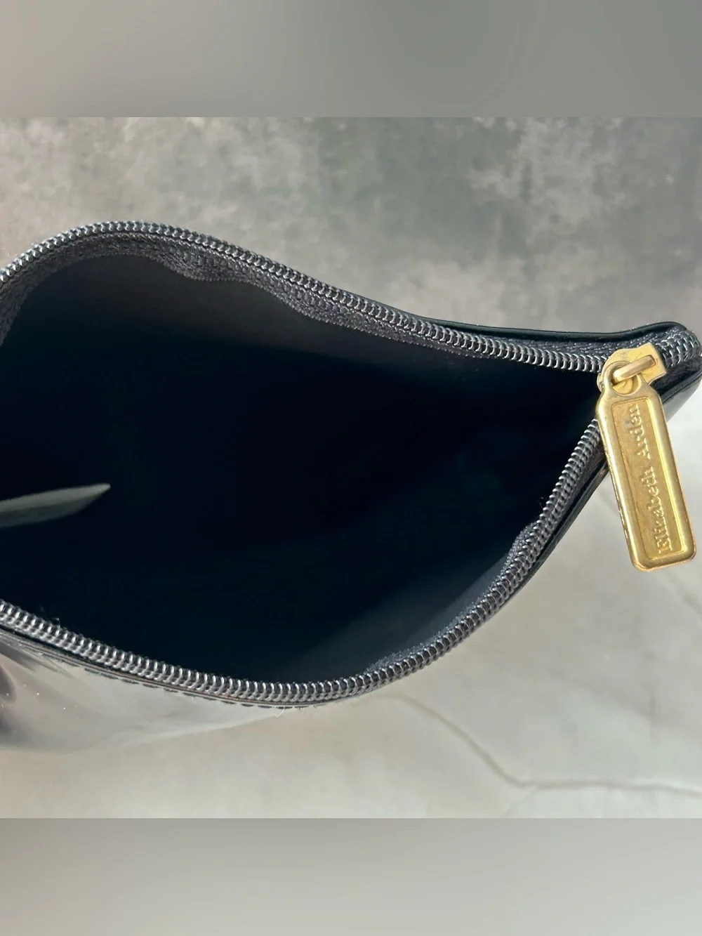 Elizabeth Arden Black Patent Cosmetic Pouch with Gold-Tone Zip Pull